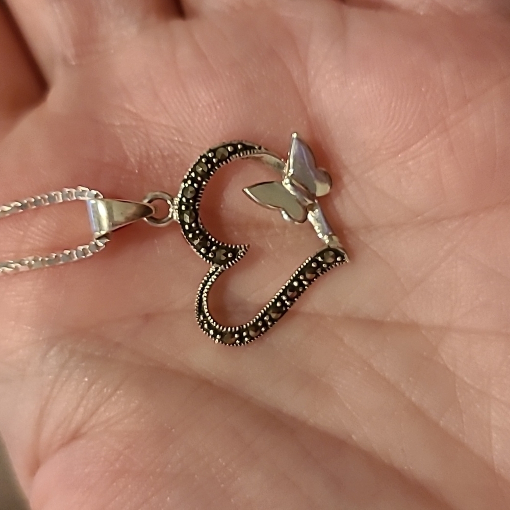 Marcasite Heart With Butterfly Sterling Silver Necklace